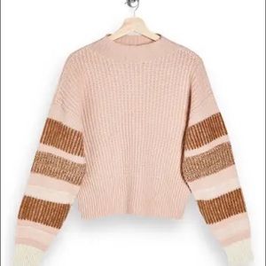 Topshop Pink Turtleneck Sweater Small Long Sleeve Tan Stripe Casual Blouse Crop